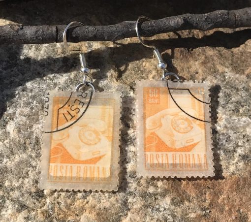 Rotary Dial Telephone, Romania, 1968 Postage Stamp Earrings