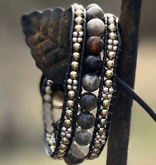 Black Mountain Leather and Gemstone Cuff Bracelet