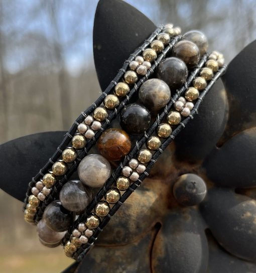 Black Mountain Leather and Gemstone Cuff Bracelet - Image 2